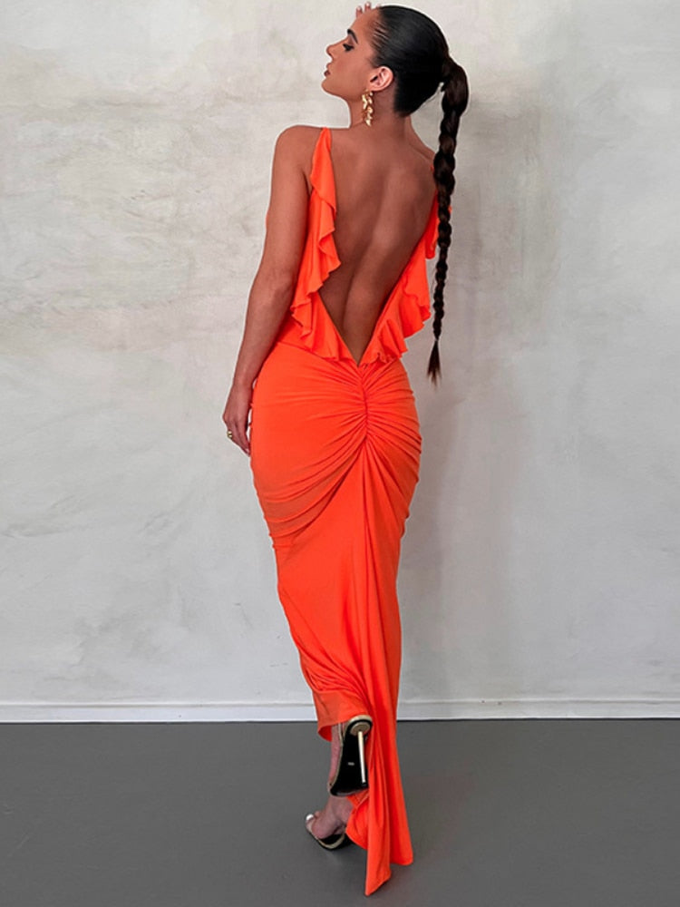 Orange Backless Maxi Dress Women Elegant Fashion Ruffles Bodycon Evening Party Dress Sexy Strap Ruched Birthday Club Outfit