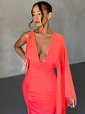 Rose Red Backless Maxi Dress Women Sexy Ruched Evening Party Dresses Fashion Elegant One Shoulder  Slim Long Summer Dress