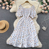 YuooMuoo Fast Shipping Women Dress Fashion Romantic Floral Print Split Long Summer Dress Puff Sleeve Party Korean Vestidos