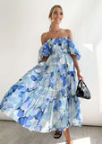 Summer Dresses for Women Print Off Shoulder Puff Sleeve Long Dress Backless High Waist A-line Beach Dress Vestido