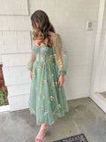 Vintage Green Prom Dress Princess Puff Long Sleeve Floral Embroidery Women Evening Dress Cocktail Girls Birthday Outfit