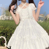 Darianrojas Kawaii Puff Short Sleeve Lolita Style Dress Women Sweet Bow Lace Ruffle Bandage Mini Dresses Girl Gothic Princess Party Vestidos