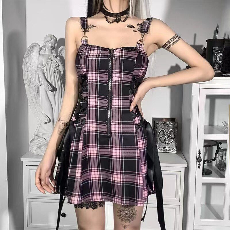 Darianrojas Dark Academia Fairy Grunge Plaid Dress Woman Vintage Gothic Y2k Clothes Dress Femme Punk Aesthetic Zipper Bandage Corset Dress