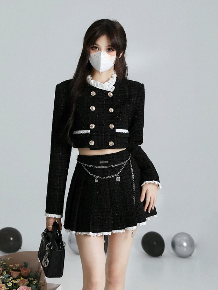 Autumn Elegant Two Piece Skirt Set Women Button Pleated Y2K Mini Skirt Suit Female Casual Korean Fashion Designer Skirt Set