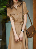 Summer New Light Luxury Imitation Mulberry Silk Shirt Skirt Over-the-knee Lace-up Dress Single-breasted Work Dress Office
