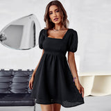 Msfilia Elegant Dress Women Summer Solid Color Square Collar Short Sleeve High Waist A Line Causal Dresses