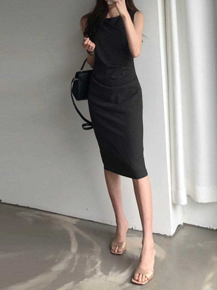 Elegant Women Office Dress New  Summer Sleeveless Bodycon Dresses Retro Women Midi Solid Black Long Robe Vestidos Mujer