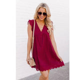 V-neck Summer Short Sleeve Lace Dress Hollow Casual Dress Women Party Dresses Ladies A Line Vestidos Robe with Pocket 21092