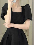 Darianrojas Vintage Elegant Wrap Dresses Woman French Retro Black Puff Sleeve Midi Dress Square Collar Summer Fashion Solid Kpop