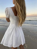 White lace embriodery summer beach dress women elegant hollow out lace up short dress off shoulder puff sleeve sheer dress