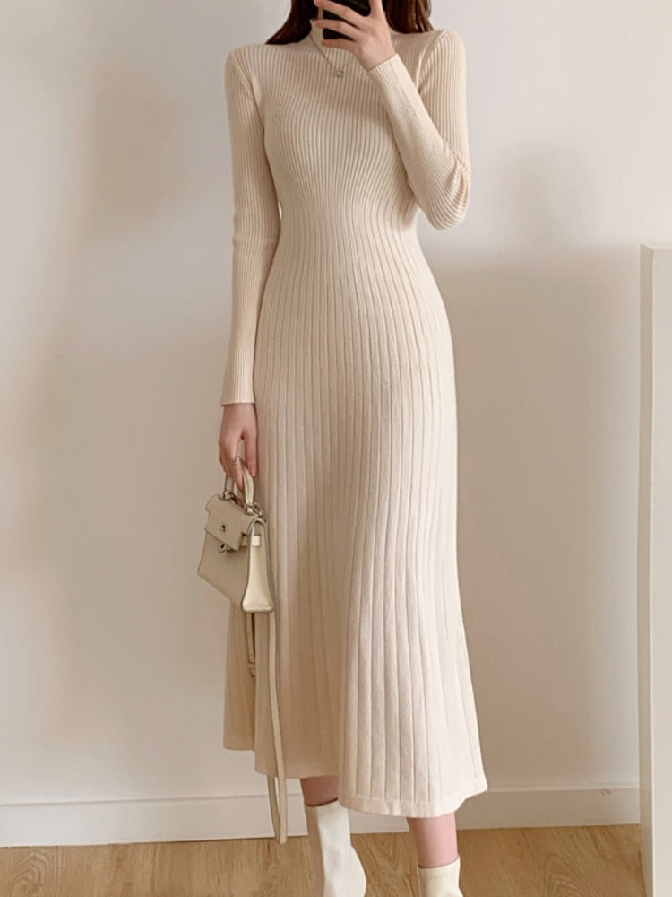 Autumn Winter  Slim Long Sleeve Party Midi Dress for Women Knitted Half High Collar Elegant Knitted Sweater Dresses Ladies