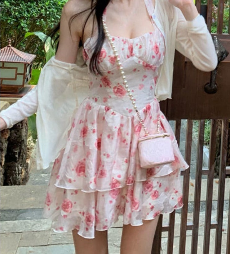 2 Piece Dress Set Women Floral Mini Dress + Casual Blouse Korean Fashion Suits Sweet Clothing Sexy Dress Party Beach Summer