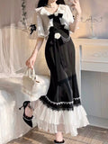 Summer 2 Piece Dress Set Women Elegant Vintage Midi Dress + Casual Blouse Kawaii Clothing Lolita Dress Fashion Suits Chic
