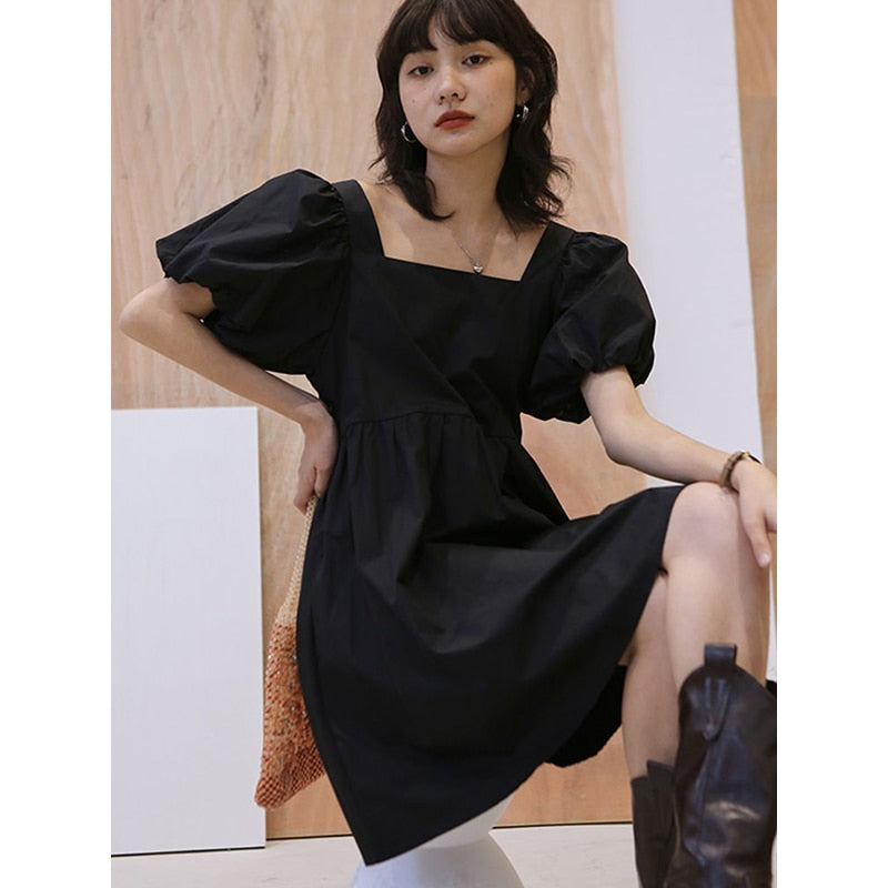 Women's Dress Casual Loose Office Lady Y2K New Korean Fashion Summer Short Sleeve Vintage Square Neck Mini Dress Elegant  S-XXL