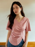 Lady Irregular V-neck Pleated Shoulder Black T-shirt For Women's Summer  Basic White Top For Women