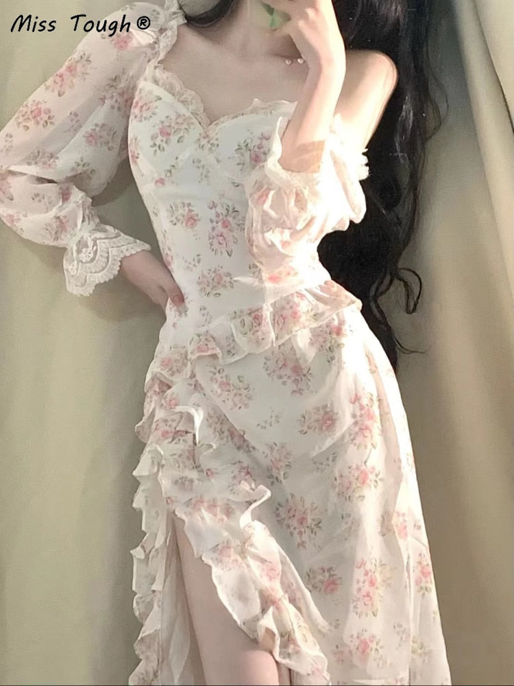 Summer Beach Floral Party Midi Dress Women Print Casual Korean Style Sweet Dress Female Lace Sexy France Vintage Fairy Dress New