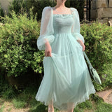 Korean Style Elegant Vintage Mesh Fairy Dress Women Beach Party Holiday Long Summer Dress Robe Longue Femme One Piece Dress