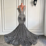 Darianrojas Sexy Long Sparkly Prom Dresses Sheer O-neck Luxury Silver Crystals Diamond Sequin Mermaid Black Girl Prom Party Gowns