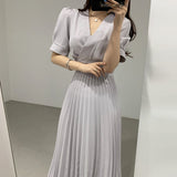 Vintage Elegant V-Neck Slim Office Lady Casual A-Line Bandge Pleated Bodycon Chiffon Midi Dress for Women Clothing Summer