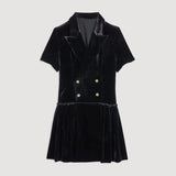Spring Autumn New French S A-line Dress For Women Classic Retro Velvet Black Double-breasted Short-sleeved Suit Collar Skirts
