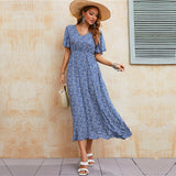 Vintage Boho Print Summer Dress Women Casual Blue Elastic Waist Bohemian Beach Sundress Women Dress Robe Vestidos Female