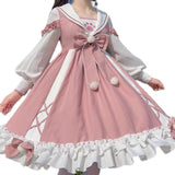 Darianrojas M-4XL Sweet Girly Pink Bow Lolita Dress Loose Long Sleeve Sweet Kawaii Tea Party Princess Cos Lolita OP Dress Fairy Kei