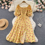 YuooMuoo Fast Shipping Women Dress Fashion Romantic Floral Print Split Long Summer Dress Puff Sleeve Party Korean Vestidos