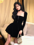 French Vintage Velvet Midi Dress Woman Black Elegant Evening Party Dress Casual One Piece Dress Korean Fashion  Autumn Slim