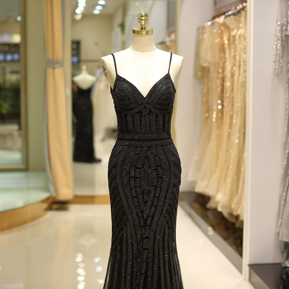 Darianrojas Black Evening Dresses Long Luxury Beaded Crystals Sexy V-Neck Mermaid Party Gowns Plus Size robe de soiree