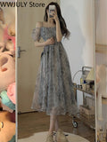 French Elegant Short Sleeve Dress Beach  Summer Casual Fairy Floral Midi Dress Boho Korean Style Evening Party Dress Woman