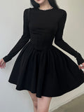 Darlingaga Korean Clothes Long Sleeve Corset Black Dress Female Solid Basic O Neck Fashion Autumn Dress Pleated Slim Elegant New