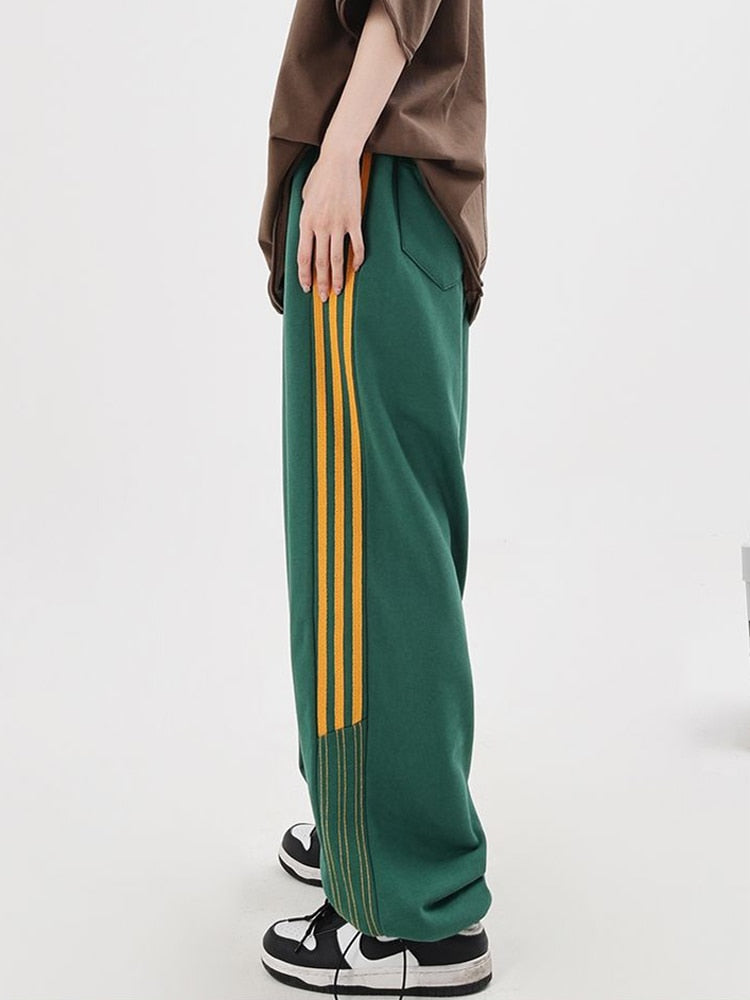 American Retro Striped Bf Sweatpants Fashion Streetwear Women High Waist Casual Trousers Harajuku Hip Hop Wide Leg Pants