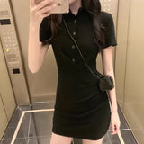 Vintage Summer Short Sleeve Cotton Buttons Polo Sexy Dress Women Fashion Streetwear Outfits Party Elegant Pencil Vestidos