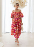 Summer Dresses for Women Print Off Shoulder Puff Sleeve Long Dress Backless High Waist A-line Beach Dress Vestido