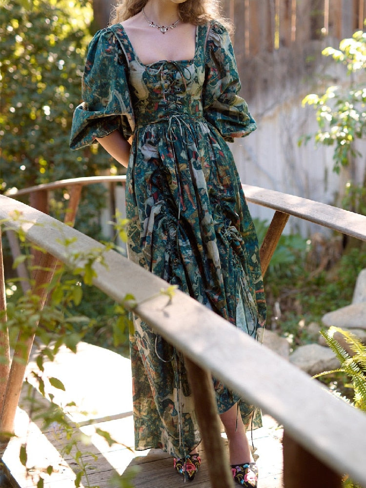 Palace Princess Green Flower Print Maxi Long Swing Dress With Cross Bandage Lacing up Crop Top Fairy Robe