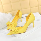 Darianrojas Korean Fashion Women's Shoes Wedding Bow High Heels Stiletto Heels Shallow Pointed Head Side Empty Thin Shoes