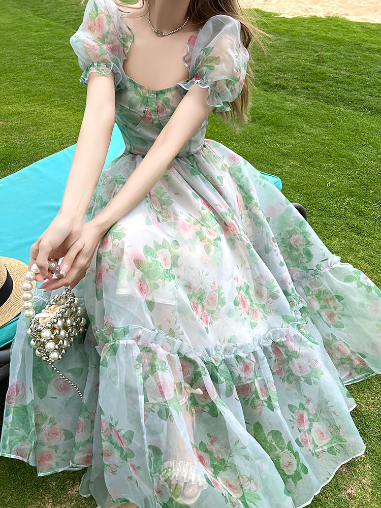 French Vintage Floral Midi Dress Women Organza Elegant Casual Party Fairy Dress Casual Holiday Princess Dress Women Spring