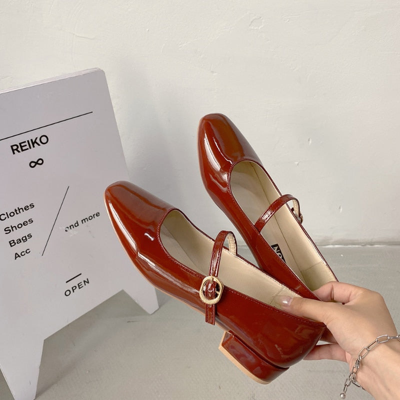Darianrojas Spring Autumn Women Mary Janes Shoes Patent Leather Low Heels Dress Shoes Square Toe Shallow Buckle Strap Girls Shoes