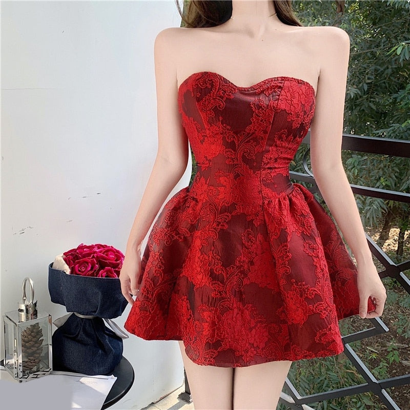 Darianrojas French Style Vintage Printed Sexy Dresses Women Strapless Red High Waist Ball Gown Dress Spring Fashion Party Clubwear
