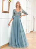 Lucyinlove Elegant V-neck Chiffon Blue Evening Dress Women Formal Prom Party Gown Sequins Long Sleeve Galadress Vestidos