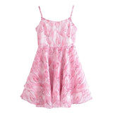 Sweet Women Pink Floral Print Sexy Sling Mini Dress Sleeveless Female A-line Mini Summer Dresses Holiday Robe