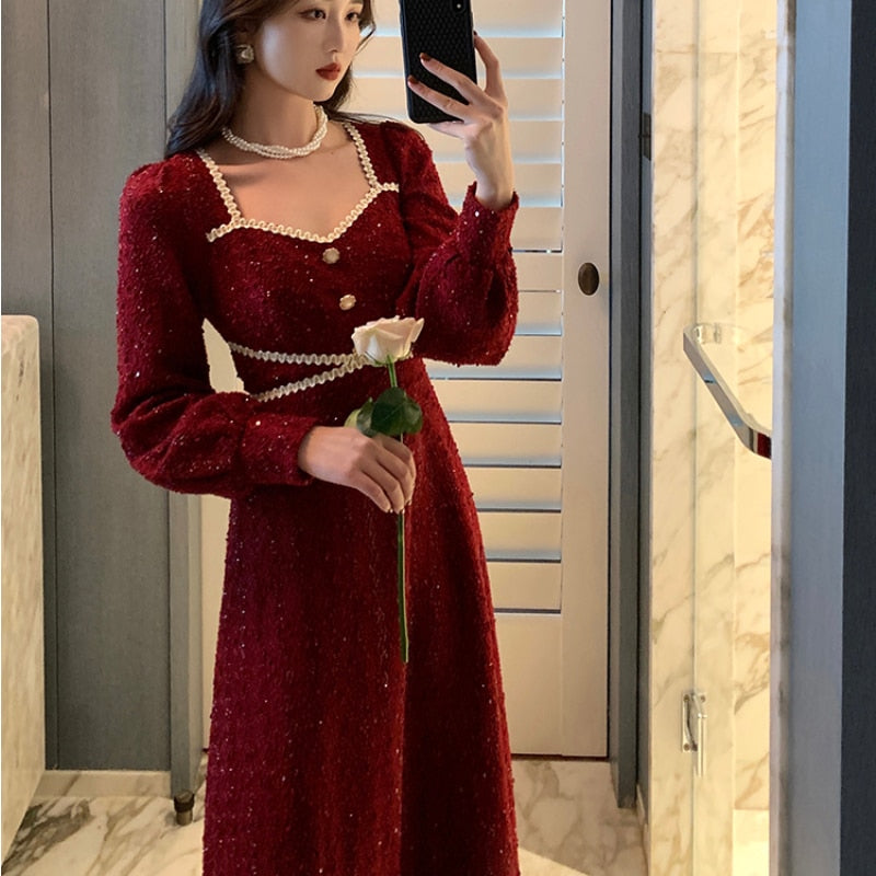 Vintage Button Dresses for Women Fairy Midi Party Dress Evening Office Lady Design One Piece Dress Elegant Korean Spring