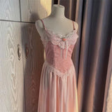 Floral Vintage Elegant Strap Dress Women Lace France Sexy Evening Party Long Dresses Pink Sweet Princess Fairy Dress Summer
