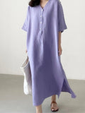 Summer Dress for Women  Solid V-Neck Side Split Loose Short Sleeve Long Dress Streetwear Female Dress Women Clothing Robe