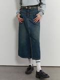 Denim Skirt Women High Waist Long A-LINE Skirts Office Lady Front Spilt Retro Denim Blue Jean Skirt For Women