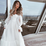 Darianrojas Modern Tulle Wedding Dresses Sweetheart Puff Sleeves A-Line Pleat Boho Wedding Gown Country Bridal Gown Plus Size