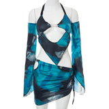 Sexy 90s Clubwear Tie Dye Blue 2 Piece Suits Y2K Rave Hollow Out Flare Sleeve Backless Halter Tops Wrap Skirt Co-ord Set