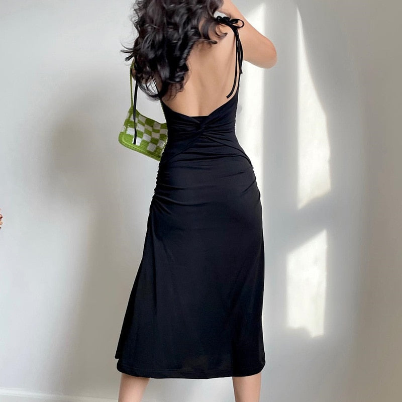 Fashion Strappy Ruched Sexy Black Dress Irregular Elegant Backless Long Dress Party Summer Dresses Women Clothes Vintage Dress