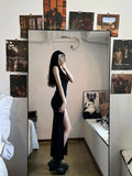 Black Sleeveless Dress Women Korean Fashion Style Side Slit Irregular Mid Calf Sexy Sheath Solid Elegant Chic Summer