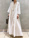 White Casual Long Dress Women Oversize Lace Up Dress Female Loose V Neck Embroidered Dress Ladies Cotton Linen Beach Maxi Dress